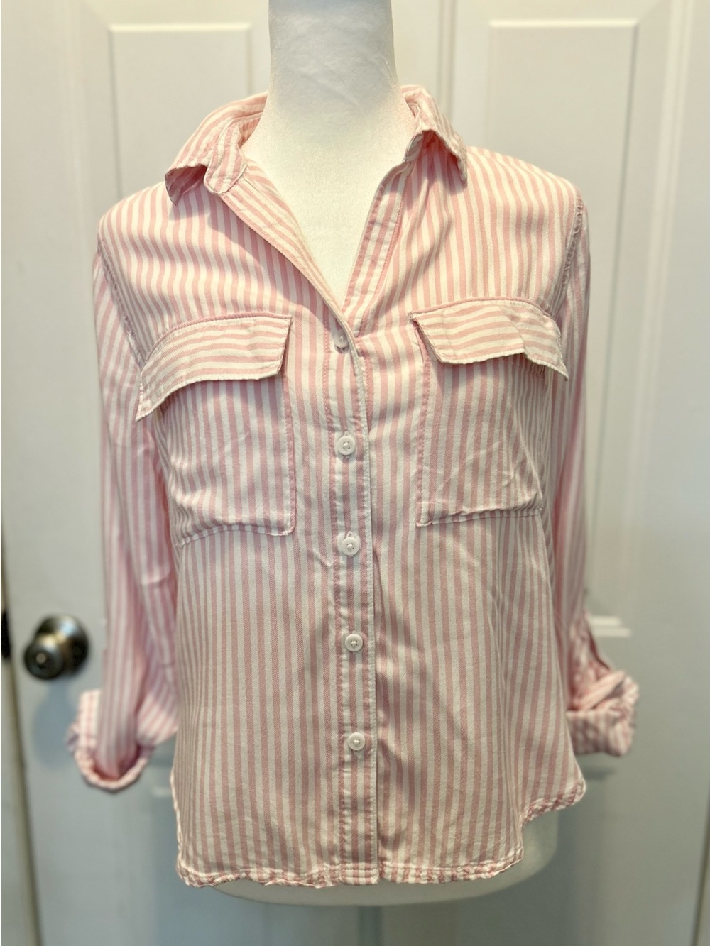 Beach Lunch Lounge Shirt Womens XSmall Pink White Striped Button Down